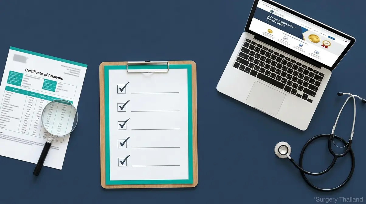 Medical due diligence checklist with magnifying glass over stem cell Certificate of Analysis documents for clinic verification