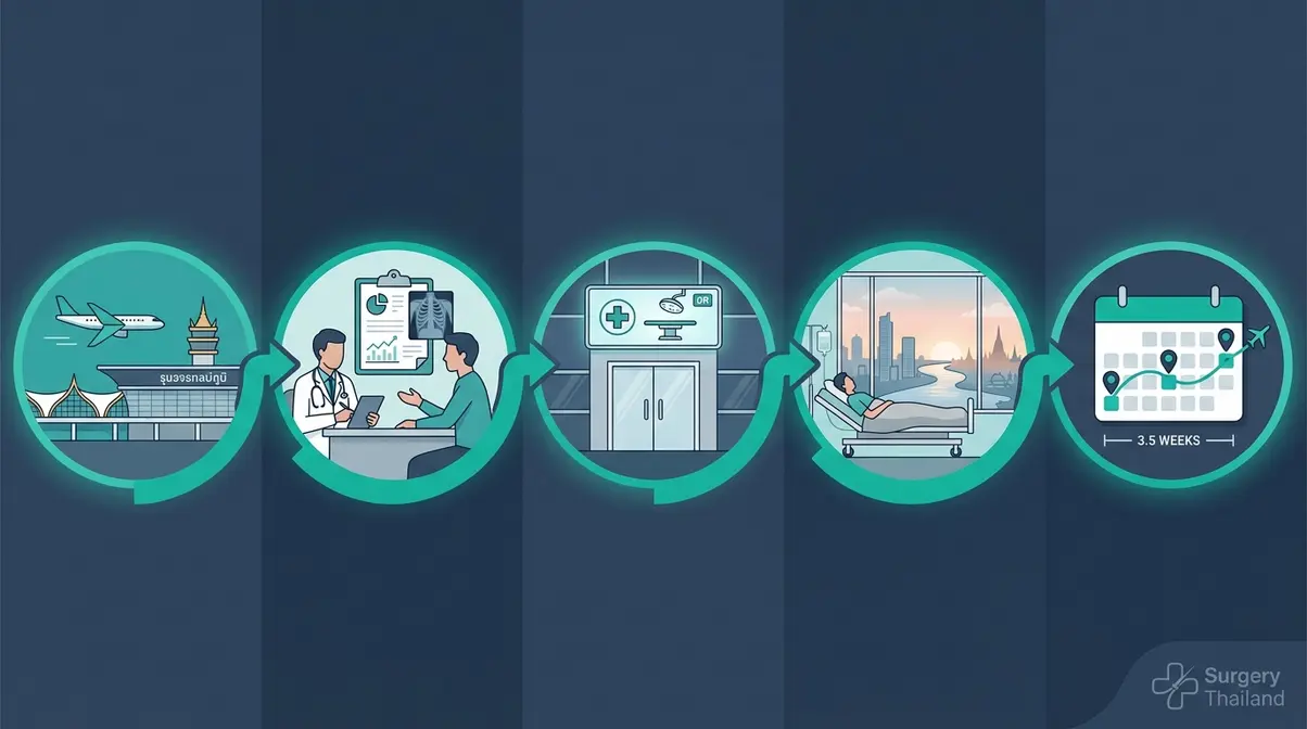 Medical tourism patient journey timeline from Bangkok arrival through consultation, surgery, recovery, and departure