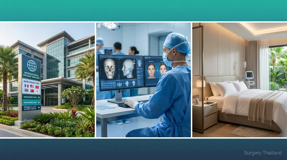 Thailand's top three plastic surgery hospitals showing hospital exterior, surgical planning, and recovery room