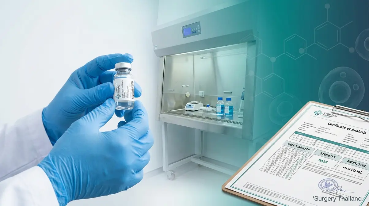 GMP laboratory scientist handling MSC stem cell therapy vial with Certificate of Analysis document in Thailand